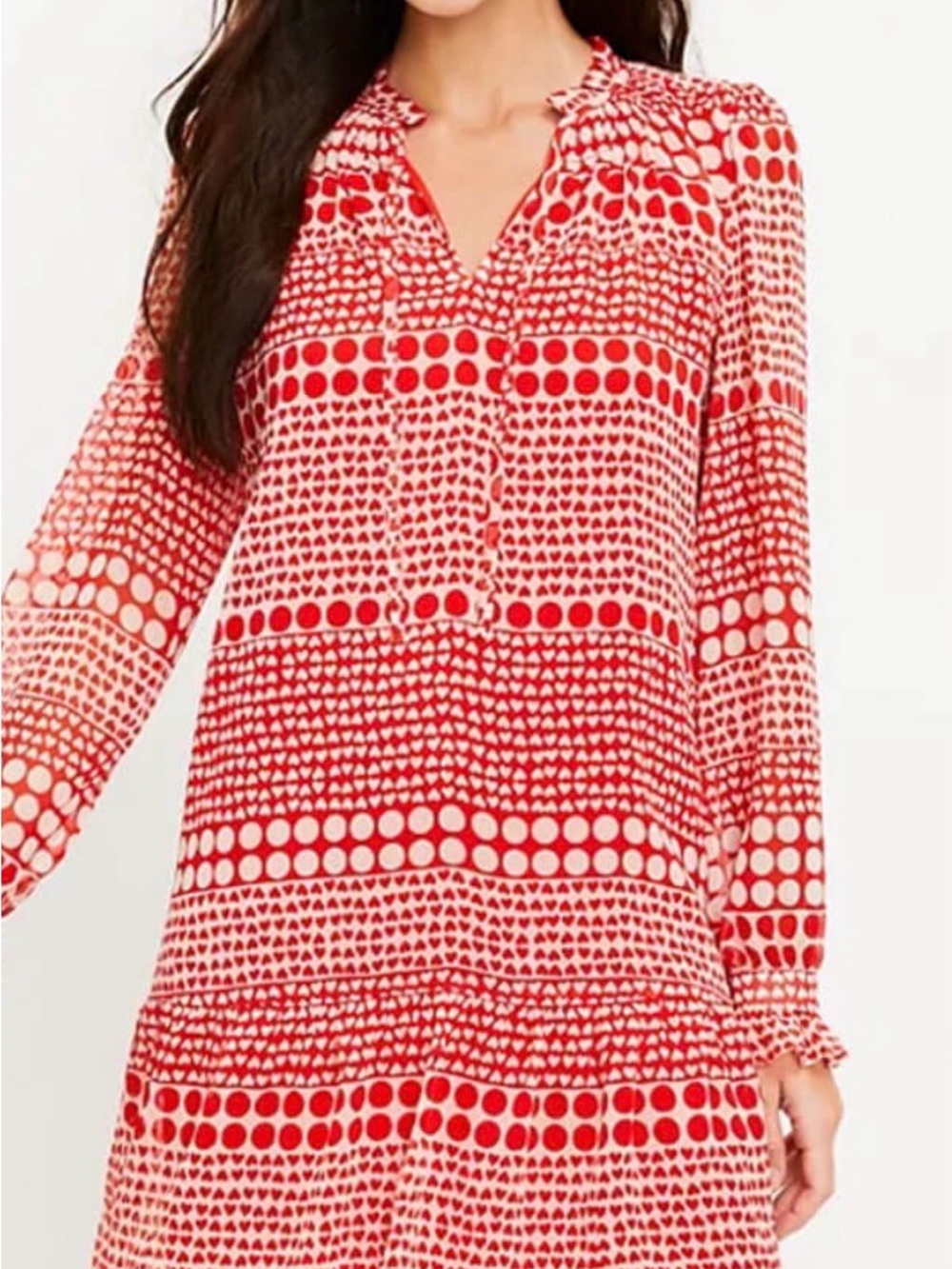 LOFT Red and White Heart Patterned Long-Sleeve V-Neck Tunic Style Dress -medium